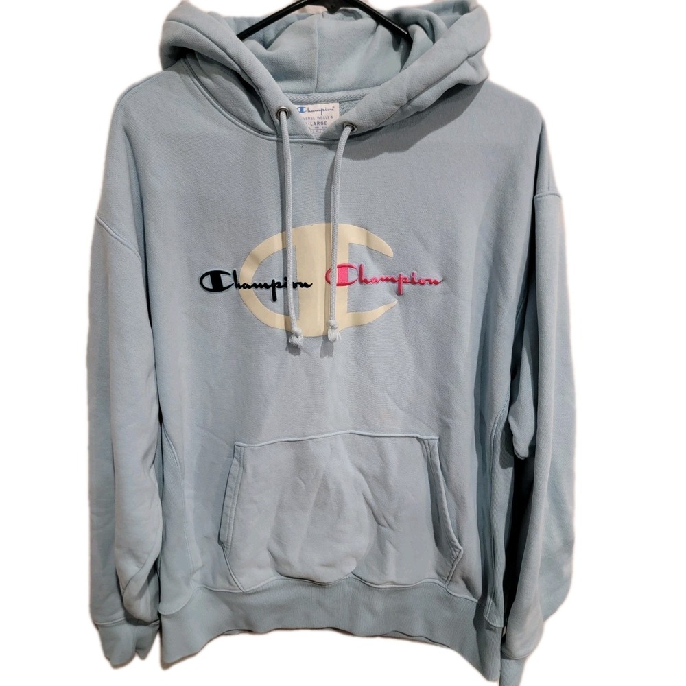 Champion Reverse Weave Hoodie Mens XL Light Blue Pink Embroidered Script Logo